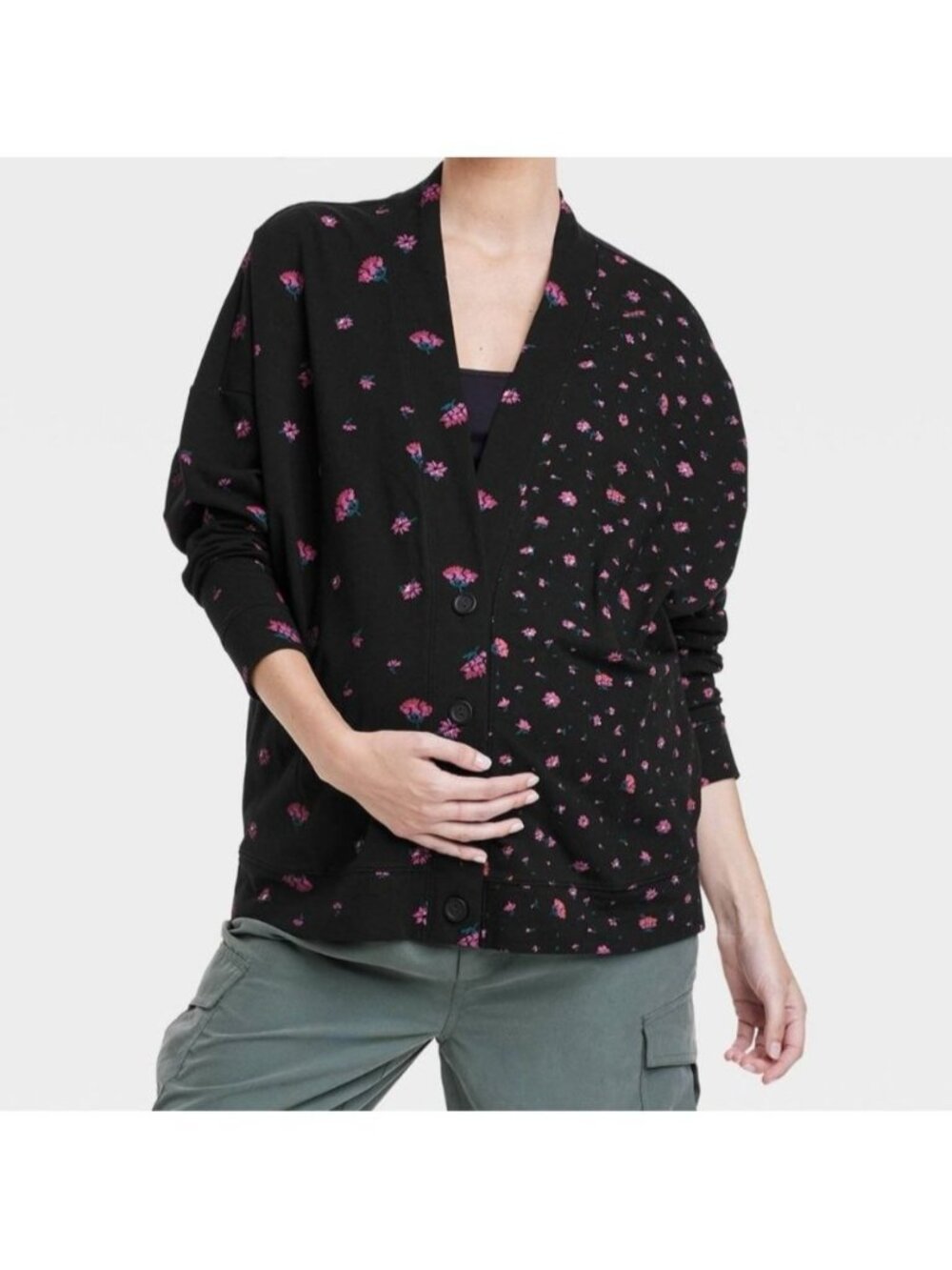 The Nines by Hatch Maternity Drop Shoulder Black Pink Floral V-Neck Cardigan Swe